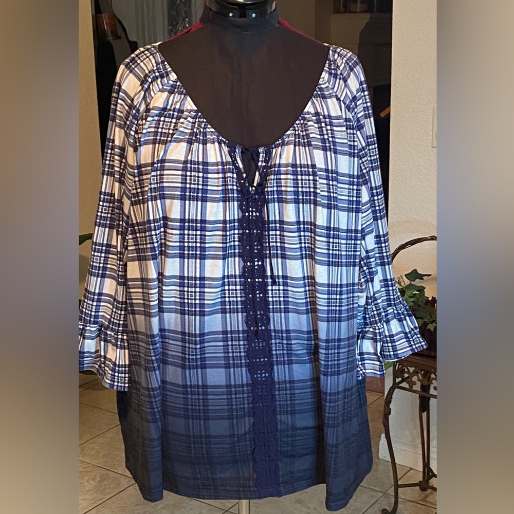 Avenue Women Blue Plaid Crochet Lace up Tunic Ruffle Bell Sleeve 30/32